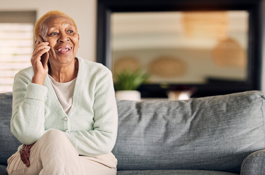 Phone Call, Senior Woman And Living Room With Conversation And Communication In A Home. Retirement, African Elderly Female Person And Mobile Discussion On A Lounge Sofa With Contact And Talking