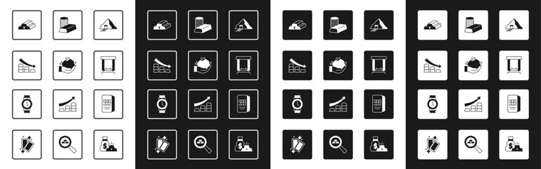 Set Gold mine, nugget, Falling arrow with gold bars, coin, 24k and Wrist watch icon. Vector