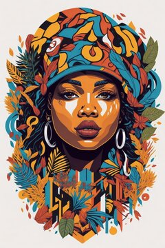 Black girl face ,T-shirt design, streetwear design, pro vector, full design, 8 colors only, solid colors, no shadows,
