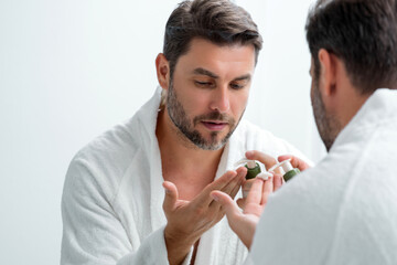 Sexy man care of skin. Charming man with perfect soft skin. Male beauty and skincare concept. Man...