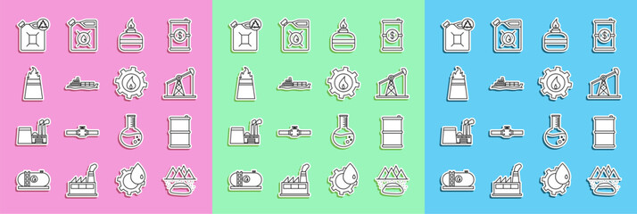 Set line Oilfield, Barrel oil, pump or pump jack, Alcohol spirit burner, tanker ship, rig with fire, Eco fuel canister and industrial factory building icon. Vector
