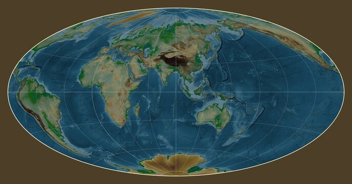 World map. Physical. Aitoff projection. Meridian: 90 east