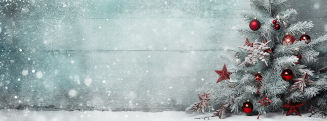 Silver artificial Christmas tree with red and stars on gray concrete background with snow and copy space. Minimalism. AI-Generated