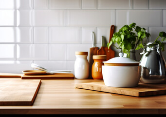 Fototapeta na wymiar Kitchen utensils background with light shadows from window on table