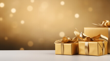 Gold Gift Boxes with Tied Ribbons Gracefully Presented on a Podium,black friday, christmas present, gift,  