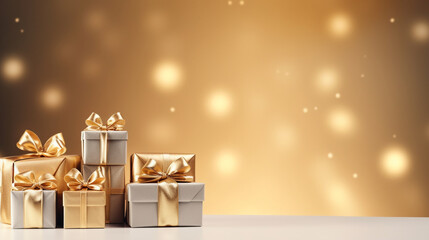 Obraz na płótnie Canvas Elegant Display of Gold Gift Boxes on a Polished Podium,black friday, christmas present, gift, 
