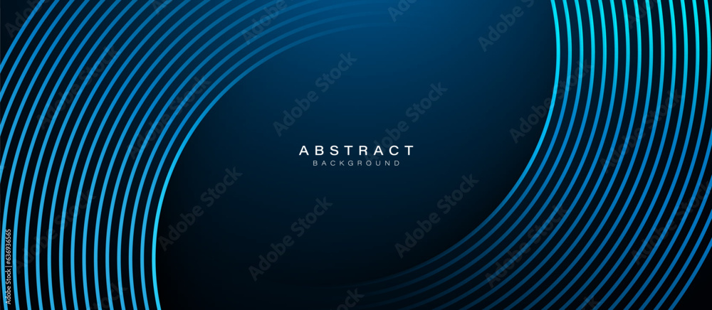 Poster Dark blue abstract background with glowing circle curve geometric lines. Modern shiny blue lines pattern. Futuristic technology concept. Vector illustration