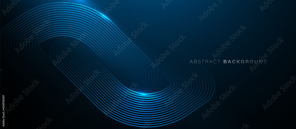 Poster Dark blue abstract background with glowing curve geometric lines connecting. Modern shiny blue lines pattern. Futuristic technology concept. Vector illustration