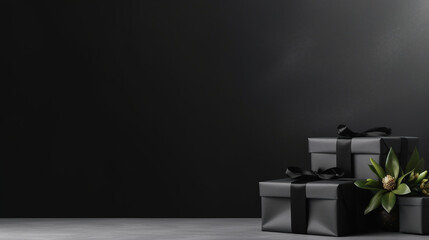 Elegantly Wrapped Black Gift Boxes Arranged on a Podium,black friday, christmas present, gift,  