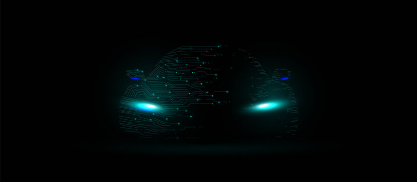 Abstract futuristic speeding sports car. EV Electric car. Low polygons, triangles, wireframes, and particle style. Vector illustration