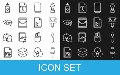 Set line Push pin, Paint brush, Eraser or rubber, bucket, Red eye effect, spray can and ID File document icon. Vector