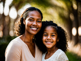 Naklejka premium photo of happy family black mother and daughter, generative AI