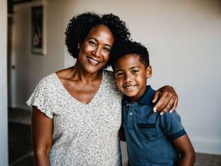 Obraz premium photo of happy family black mother and son, generative AI