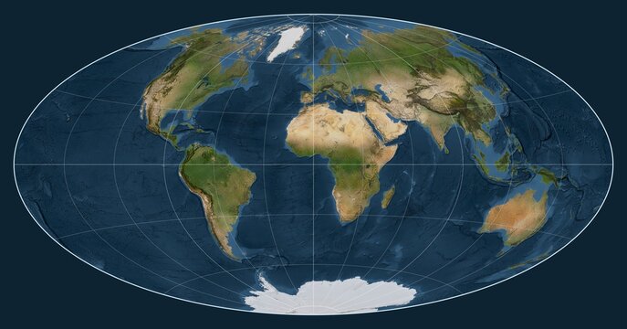 World map. Satellite. Aitoff projection. Meridian: 0
