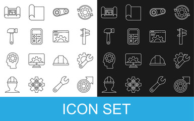 Set line Gear and arrows as workflow process, Wrench spanner gear, Calliper caliper scale, Timing belt kit, Calculator, Hammer, House plan and Browser setting icon. Vector