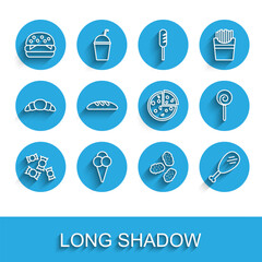 Set line Candy, Ice cream in waffle cone, Burger, Chicken nuggets, leg, Bread loaf, Lollipop and Pizza icon. Vector