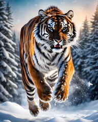 Fototapeta na wymiar a tiger jumping in the snow of a winter landscape - generative ai