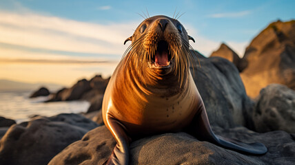 A sea lion striking a playful pose on a rock. AI Generative.