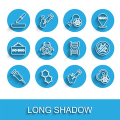 Set line Syringe, Chemical formula, Pipette, Genetically modified apple, meat, Biohazard symbol, Stop GMO and DNA icon. Vector
