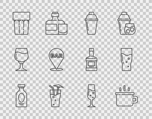 Set line Alcohol drink Rum, Coffee cup, Cocktail shaker, Glass with water, bar location, champagne and beer icon. Vector
