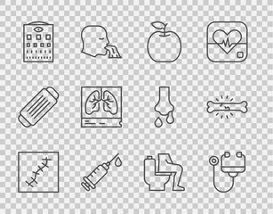 Set line Scar with suture, Stethoscope, Apple, Syringe, Eye test chart, Lungs x-ray, Constipation and Bone pain icon. Vector