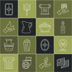 Set line Greece national flag, Greek helmet, Bottle of olive oil, Decree, parchment, scroll, Hand holding fire, shield and Olives bowl icon. Vector
