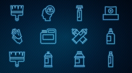 Set line Marker pen, Paint, gouache, jar, dye, Rubber gloves, brush, spray can and Spray nozzle cap icon. Vector