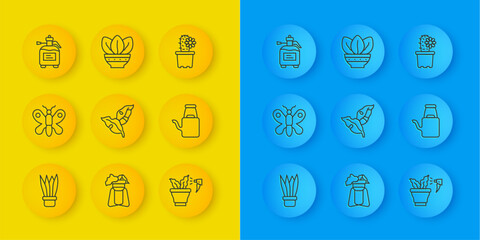 Set line Plant in pot, Butterfly, Tropical leaves, Spraying plant, Watering can, Garden sprayer for fertilizer, Cactus peyote and icon. Vector
