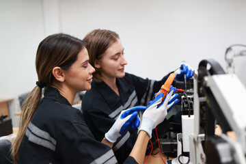 Caucasian two young female engineers learning robotic arm in training class together, innovation and development smart 4.0 factory concept.