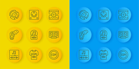 Set line Music player, Stereo speaker, note, tone, EDM electronic dance music, DJ remote and mixing, Vinyl disk, wave equalizer and Drum machine icon. Vector