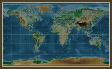 World map. Physical. Compact Miller projection. Meridian: 0