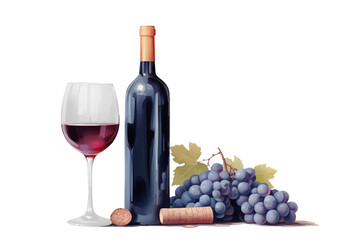 Obraz premium red wine bottle, glass and grapes isolated on white background