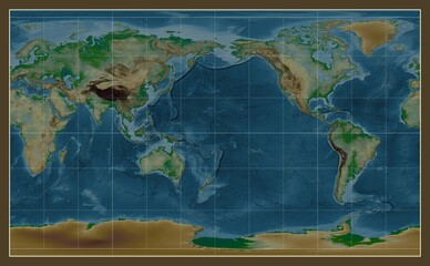 World map. Physical. Compact Miller projection. Meridian: 180