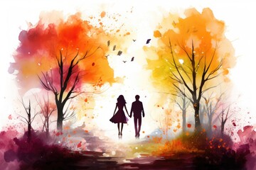 Young couple walking in autumn park, illustration