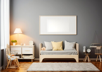 Stylish and cute scandinavian decor of newborn baby room with natural toys and frame mockup. Beige walls. AI Generated