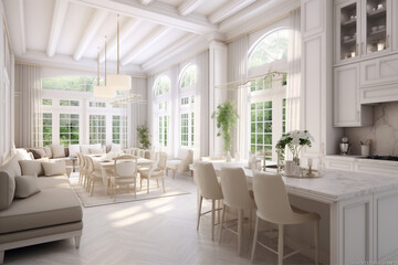 Luxurious interior design of white kitchen, dining room with windows and living room in one space