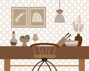 Modern kitchen in Scandinavian boho style. Vector cartoon illustration