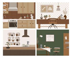Modern kitchen in Scandinavian boho style. Vector cartoon illustration