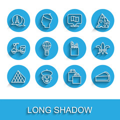 Set line Louvre glass pyramid, French mime, Eiffel tower, Paper shopping bag, Cherry cheesecake slice, Hot air balloon, Fleur De Lys and baguette bread icon. Vector