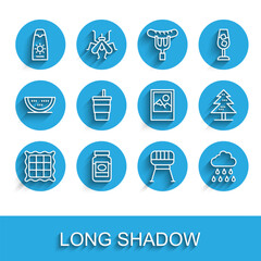 Set line Checkered napkin, Jam jar, Sunscreen cream tube, Barbecue grill, Cloud with rain, Paper glass water, Tree and Photo frame icon. Vector
