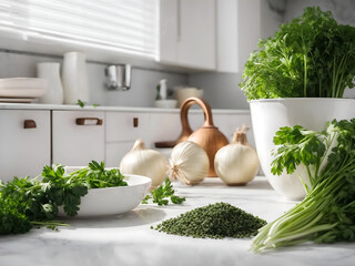 Fototapeta premium White kitchen on the table are bunches of parsley and chopped greens and onions