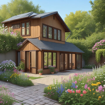 house in the garden Ai generative 8K wallpaper Stock Photographic Image