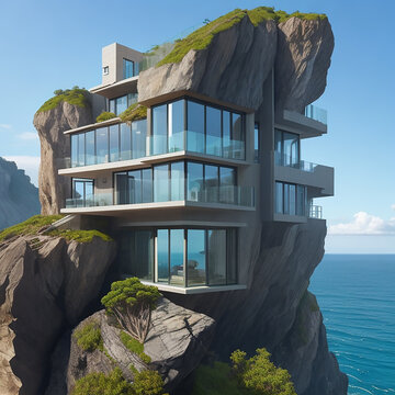 house on the coast Ai generative 8K wallpaper Stock Photographic Image