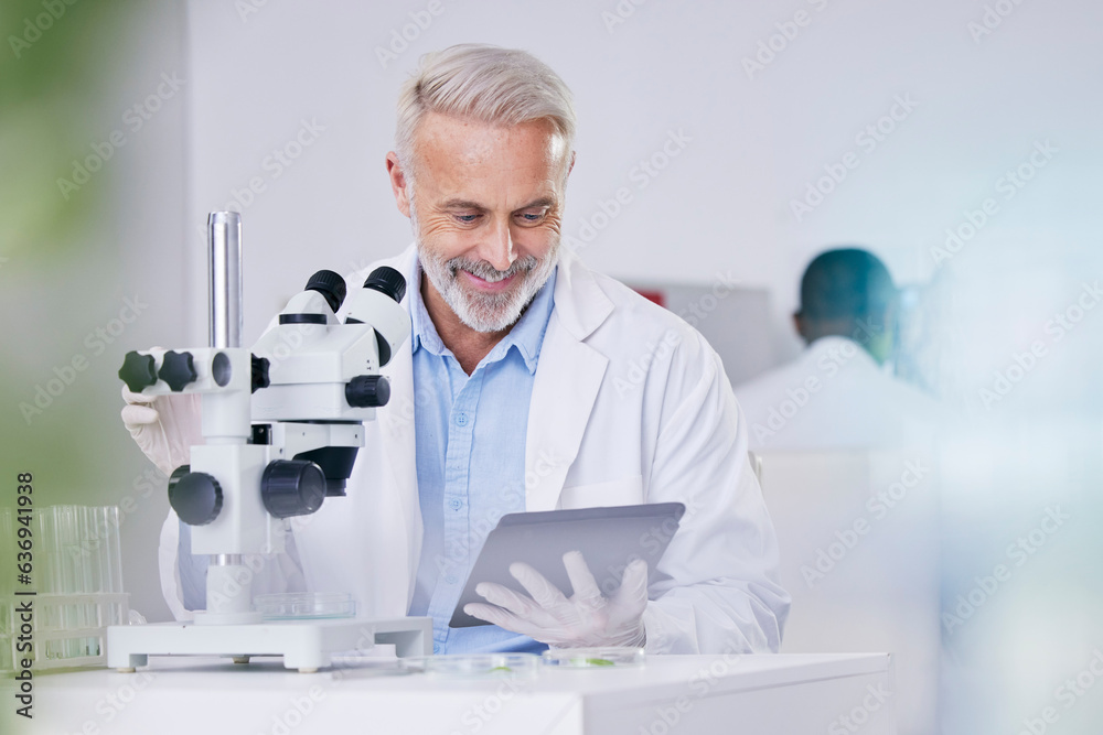 Canvas Prints Science, laboratory and happy man with microscope, tablet and research with plants, biotech or sustainable medicine. Professional scientist with study on nature, growth and digital analysis of leaves