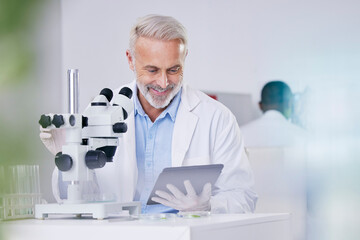 Science, laboratory and happy man with microscope, tablet and research with plants, biotech or...