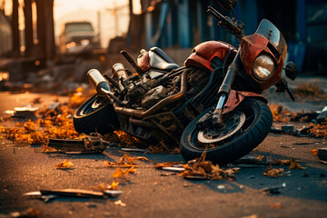 Broken motorcycle after accident lying on the street