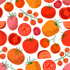 Tomato vector illustration seamless pattern. Hand drawn vegetables background - 636942398