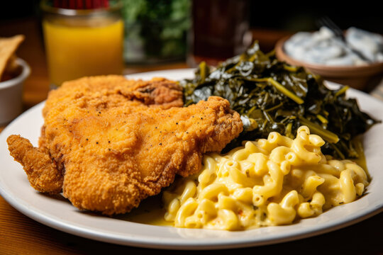 The photo features crispy fried catfish fillets served alongside creamy mac and cheese and collard greens, creating a delicious and comforting meal