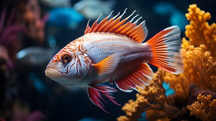 Beautiful colorful tropical fish in the aquarium. Underwater world.