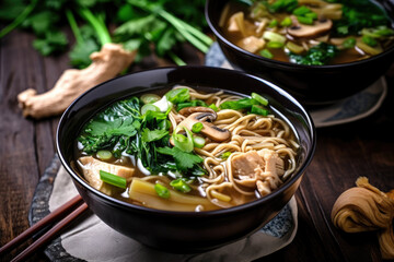 a delicious bowl of Szechuan chicken noodle soup, enriched with bok choy, mushrooms, scallions, sesame seeds, and cilantro